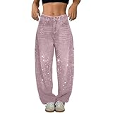 Glitzer Baggy Jeans Damen Bootcut Weites Bein Low Waist Y2K Lang Freizeithose Große Größen...