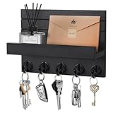 Kldgris Schlüsselbrett mit Ablage, Dekoratives Holz Wandregal, Schlüsselbrett Holz Schwarz, mit 5...