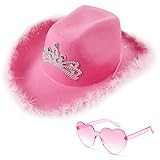Pink-roter Cowboyhut mit herzförmiger Sonnenbrille, blinkende Krone, Tiara,...