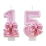 Bekecidi Schmetterling Rosa Zahl 15 Kerze, Geburtstag Zahl Kerzen für Kuchen Glitzer, Happy 15th...