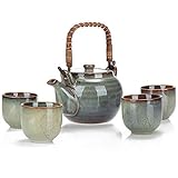 COM-FOUR® 5-teiliges Tee-Set, Teekanne und 4 Teetassen aus Keramik, kunstvoll glasiertes Teeservice...