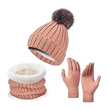 SRZYMJ Rosa Wintermütze Schal Handschuhe Set， Herren Damen Wintermütze Schal Handschuh Set,...