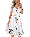 VOTEPRETTY Sommerkleid Damen Knielang Kleid Kurzarm V Ausschnitt Wickelkleid Blumen Strandkleid mit...