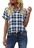 GeGekoko Damen Kariert Bluse Kurzarm Oberteile Casual Lose V-Ausschnitt Hemdbluse zum Knöpfen...