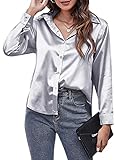 Panegy Damen Satin Blusen Langarmshirts V-Ausschnitt Tops Seidenartige Front Knopf Revers Hemden...