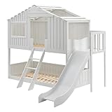 Juskys Kinderbett Baumhaus 90 x 200 cm mit Dach, Rutsche & Leiter - Etagenbett Weiß für Kinder -...