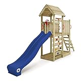 WICKEY Spielturm Klettergerüst JoyFlyer mit Holzdach & Blauer Rutsche, Outdoor Kinder Kletterturm...