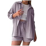 Generisch Sommer Outfits Damen 2 Teiler Musselin Bluse Und Shorts Hausanzug Sportanzug Oversize...