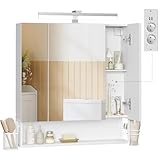 VASAGLE Spiegelschrank Bad mit Beleuchtung, 16,5 x 70 x 75 cm, Steckdosen, Hängekorb,...