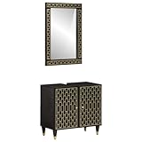 QUAHEAS 2-TLG. Badmöbel-Set Massivholz Mango, Schwarz Finish, Handgeschnitztes Muster, 62x33x58 cm...