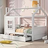 Aoskem Kinderbett Bett 90x200 Einzelbett mit Stauraum 2 Schubladen, Hausbett Holzbett Stauraumbett,...