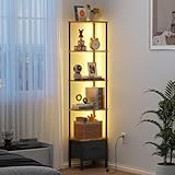 OYRREU Bücherregal mit 5 Ebenen, Regal mit LED-Beleuchtung und Stoffschublade, 172 cm schmales...