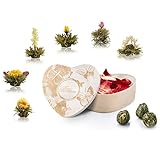 Creano Erblühtee Teeblumen in Holzschachtel in Herzform 6 Sorten aus weißer Tee, Geschenk für...