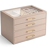Vlando Schmuckkästchen Groß, Schmuckkasten mit 4 Ebenen, Schmuck Organizer mit Glasdeckel, 4...