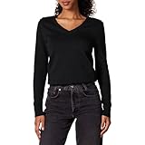 Amazon Essentials Damen Leichter Langarm-Pullover Mit V-Ausschnitt, 100% Baumwolle, Schwarz, L