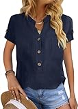 Tomwell Bluse Damen Sommer Baumwolle Leinenhemd Kurzarm Casual Button Oberteile V-Ausschnitt...