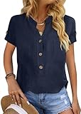 Tomwell Bluse Damen Sommer Baumwolle Leinenhemd Kurzarm Casual Button Oberteile V-Ausschnitt...