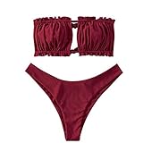 ZAFUL Damen Bikini Set, schulterfrei Bandeau mit Kordelzug & Rüschen High Cut Einfarbig Bademode...