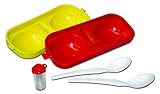 Eierbehälter Eierträger Eierbox 2-fach mit Salzstreuer und Löffel rot/gelb Perfekter Picknick...