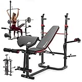 Hop-Sport Hantelbank, Multifunktionale klappbare Trainingsbank mit Langhantelständer, Latzugturm,...