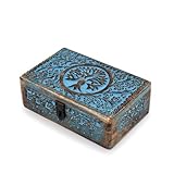 Indus Lifespace BHAVATU Handgefertigte Schmuckschatulle aus blauem Mangoholz mit Gravur Baum des...
