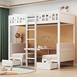 Merax Hochbett 90 x 200 cm mit Schreibtisch, Kinderbett mit Schubladen, Etagenbett mit Stauraum,...