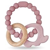 Vicloon Beißring für Babys, Elefant Beißring Spielzeug aus Silikon und Holzringe, Baby...