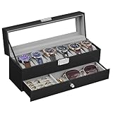 SONGMICS Uhrenbox, Uhrenkasten mit Glasdeckel, 2 Ebenen, für 6 Uhren, abschließbar, 1 Schublade,...