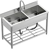 Vockol Freistehende Edelstahl Spültisch Gastro 2 Becken, Gewerbliche Küchenspüle mit Ausziehbarem...