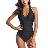 QWUVEDS Einteiler Damen Sommer Langarm Damen-Neckholder-Badeanzug mit Rüschen, rückenfrei, Mesh,...