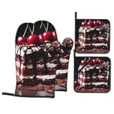 YYHWHJDE schwarzwälder Topfhandschuhe und Topflappen mit Kirschtorte Muster 4er Set für Backofen,...