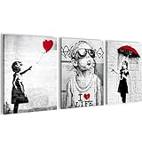Novart Wandbilder Set Banksy Collage - KOMPLETT AUFHÄNGFERTIG - Wohnzimmer Büro Deko - 3 Moderne...
