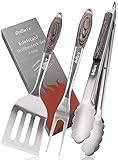 Grilluxe® Premium Grillbesteck Set, 3-teilig | Deluxe BBQ Tool Set | Pakkaholz + Edelstahl | Extra...