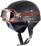 Retro Helm Motorradhelm Lederhelm Jethelme Vintage Mopedhelm Mit Brille ECE Zertifiziert...