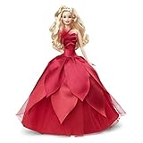 Barbie HBY03 - Signature Holiday Puppe 2022 (blonde Haare) im roten Kleid, mit rotem Lippenstift und...