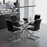 GOLDFAN Esstisch Set mit 4 Kunstleder Hochlehner Stühlen Rechteckiger Glastisch mit 4 Stuhl für...