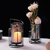 2er Set Windlicht Schwarz, Kerzenständer aus Metall mit mit Rauchglas Zylinder, Modernes...