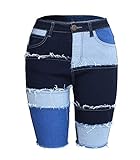 FOURSTEEDS Damen Capri-Jeans mit mittlerer Taille, Patchwork-Bermuda - Blau - X-Groß