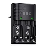 EBL Akku Ladegerät für NI-MH AA/AAA Akku 9V Akku Schnell Ladegerät 4 Fach Batterie Ladegerät...