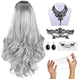 Halloween Perücke Damen Perücke Grau, Long Wavy Curly Cosplay Schwarze Ombre Graue Perücke Frauen...