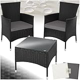 tectake® Poly Rattan Möbel Gartenset mit Wechselbezügen, 2 Stühle und Tisch mit Glasplatte, 2X...