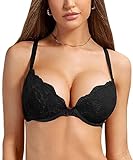 DOBREVA Damen Push Up BH Mit Spitze Gepolstert Plunge Bügel Vollschalen BHS Gemoldete Cups Schwarz...