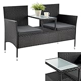 Juskys Polyrattan Gartenbank Monaco - 2-Sitzer Bank mit Tisch & Kissen - 133x63x84 cm - Rattan...