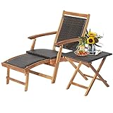 GOPLUS 2 in 1 Sonnenliege klappbar, Deckchair mit Beistelltisch, aus Akazienholz & Ratten bis 160kg...