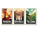 KKMM Herr der Ringe Retro-Reiseposter – Set mit 3 Stück – LOTR Vintage-Poster, dekoratives...
