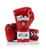 Fairtex Pro Leather Laced Training Gloves - Mexican Style for Muay Thai and Boxing (Red, 10oz)