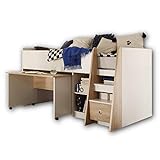 PIERRE Hochbett mit Schreibtisch 90 x 200 cm - Platzsparendes Kinder Etagenbett in Eiche Sonoma /...
