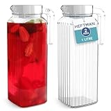 HEFTMAN Glas Wasserkrug für Kühlschrank - 2 Pack (1 Liter) Wasserkrüge mit Deckel mit geripptem...