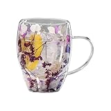 Bagiaope Blumenn Getrocknete BlumenDoppelwandige Kaffeetasse | 350ml Kaffeebecher aus Glass mit...