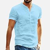 Beokeuioe Kragenloses Shirt mit Halber Hemd Herren Kurzarm Leinenhemd Regular Fit Knopfleiste Sommer...